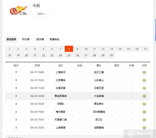 中超联赛第八轮比赛时间表