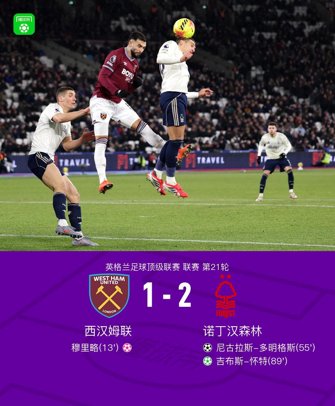 诺丁汉森林21逆转西汉姆联，多明格斯破门，吉布斯怀特点射，穆里略乌龙