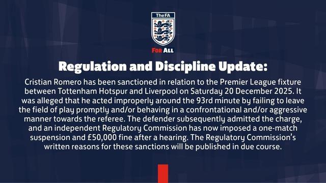 官方：热刺后卫罗梅罗遭追加停赛1场+