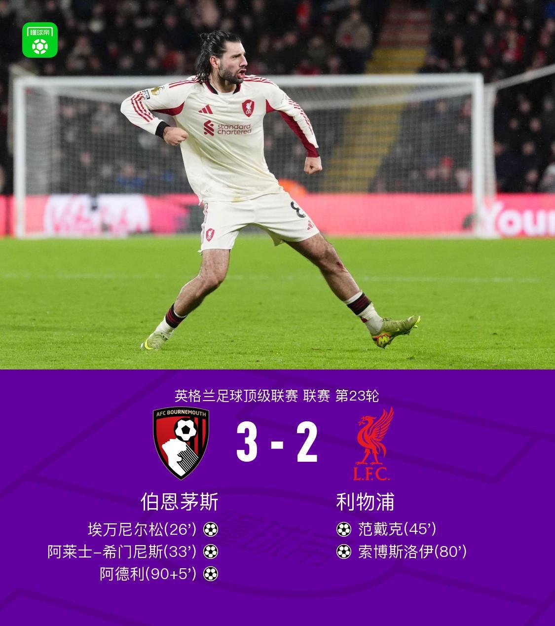 剑南春利物浦23伯恩茅斯，范戴克破门