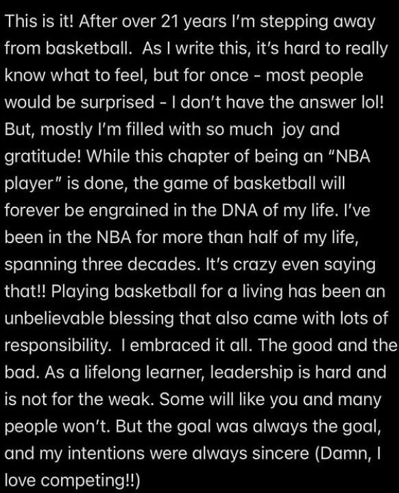 保罗：在21年的生涯后，我决定从NBA退役