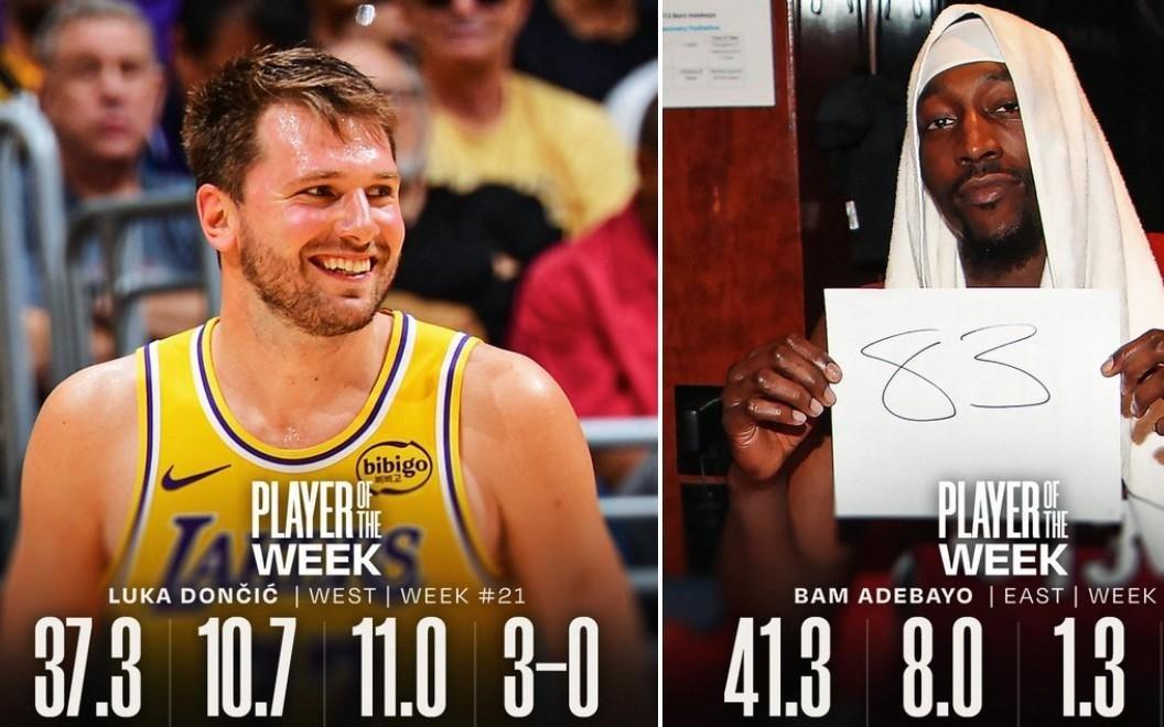 官方：阿德巴约和东契奇分别当选上周