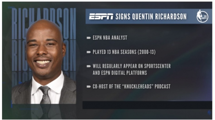 ESPN：正式签约前NBA球员昆汀理查德森后者将担任解说
