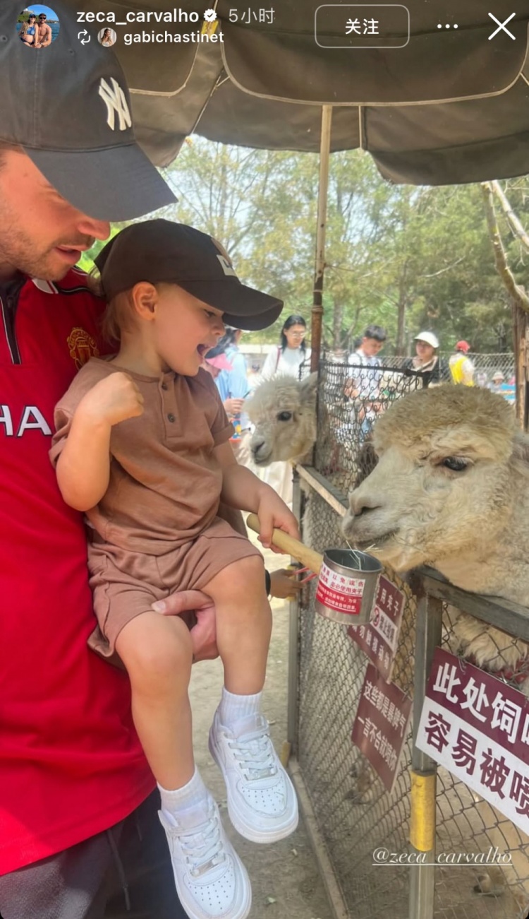 親子時光！泰山外援澤卡更新社媒，帶孩子在動物園玩耍&喂食羊駝