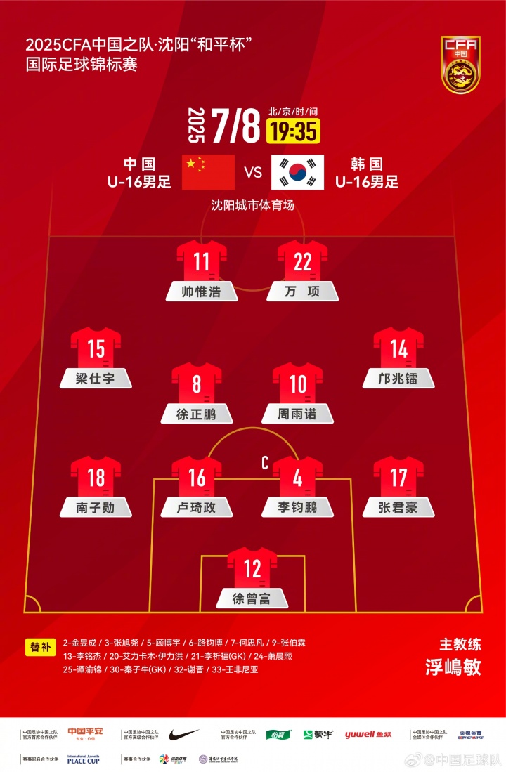 中国U16男足VS韩国U16男足，中国队首发名单出炉