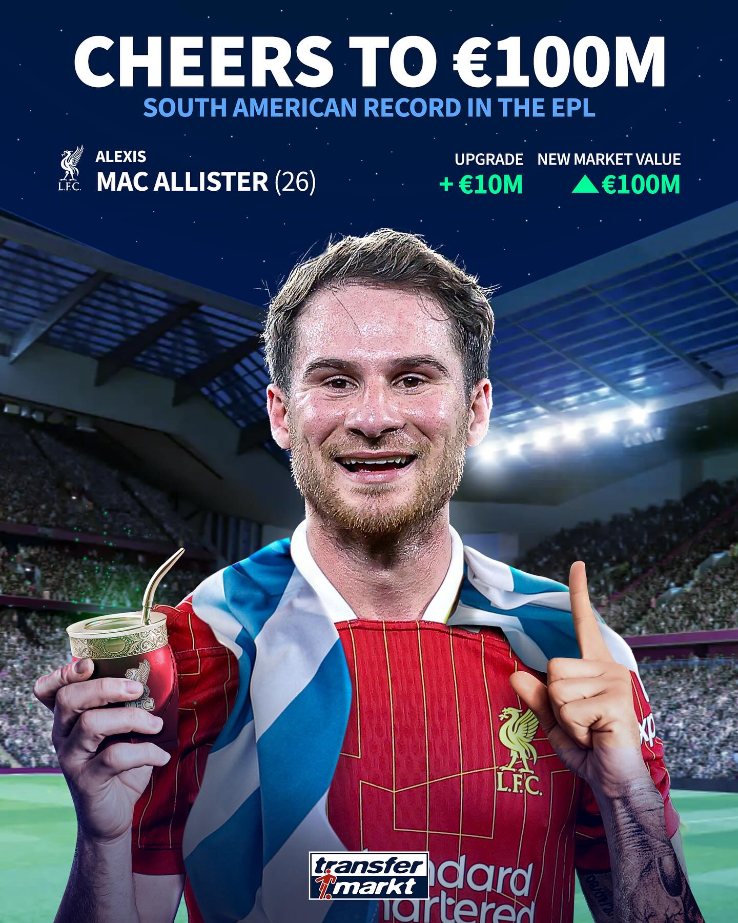 新晋亿元先生麦卡利斯特身价升至1亿欧！阿根廷球员第一身价