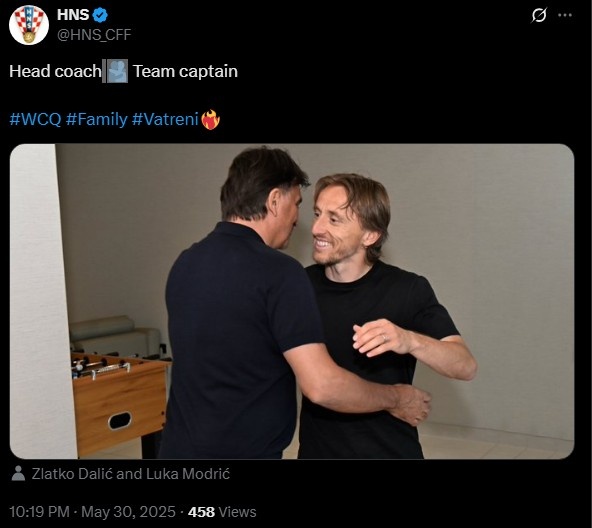 39岁莫德里奇抵达国家队，官推晒照与主教练拥抱