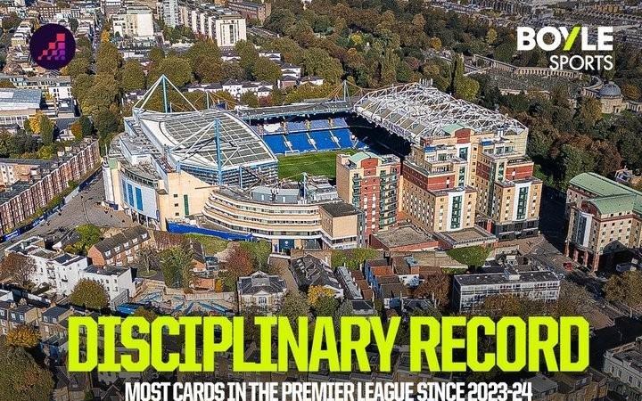 自2324赛季以来英超红黄牌榜：切尔西