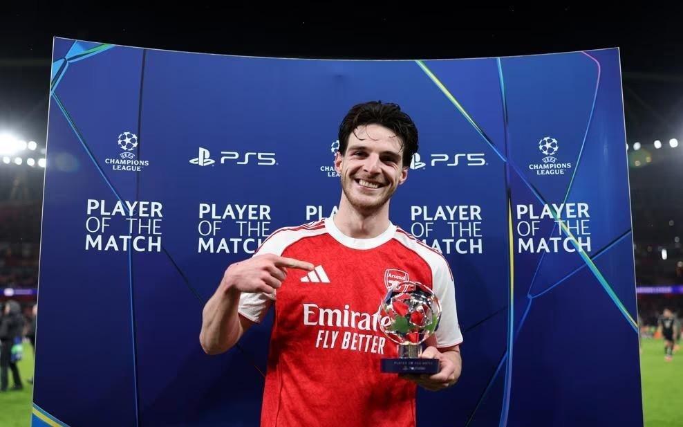 中场核心，赖斯当选阿森纳vs拜仁全场