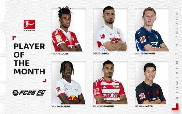 德甲11月最佳球员候选：6球2助攻的昂