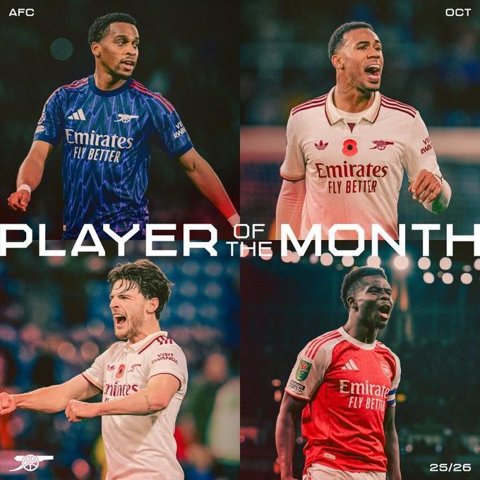 阿森纳10月最佳候选：加布里埃尔、赖斯、萨卡、廷贝尔