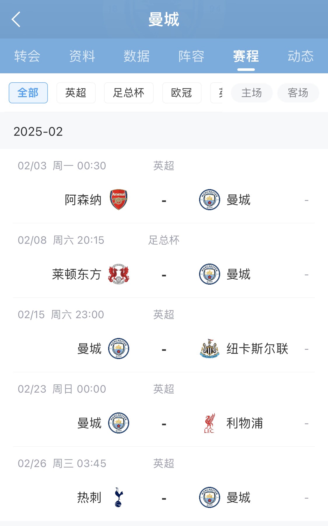 瑟瑟发抖！曼城2月将对枪手纽卡红军热刺+2场欧冠附加赛对皇仁