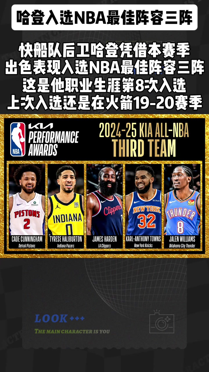 离开火箭首次！哈登入选最佳阵容三阵职业生涯第八次进最佳阵