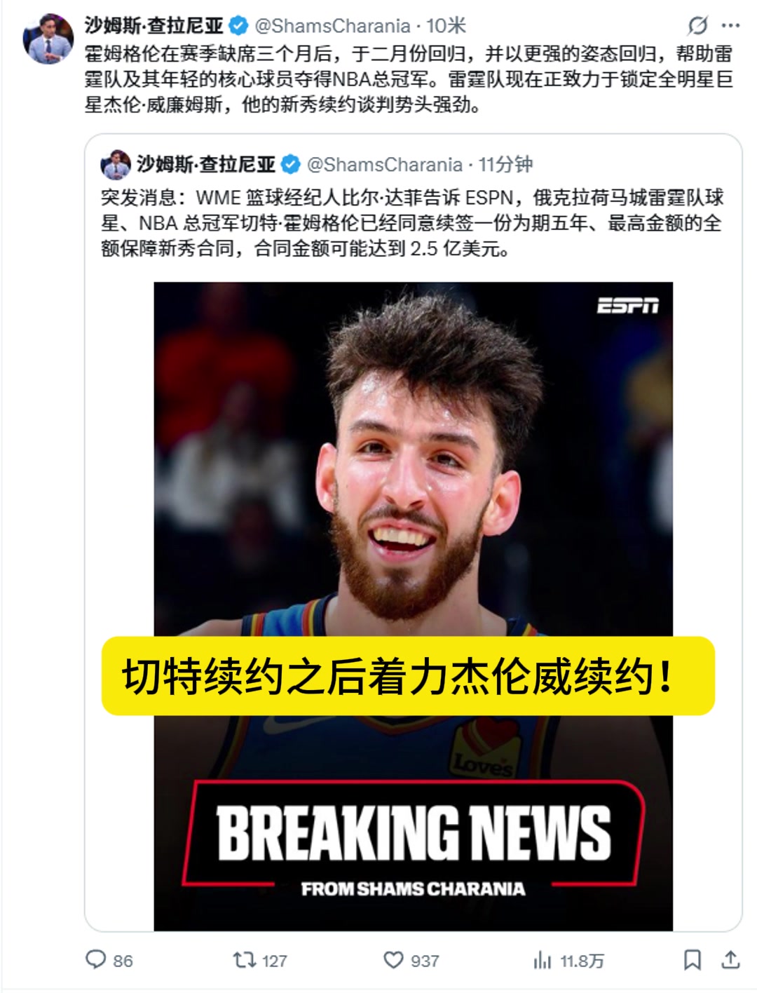 薪资空间爆炸SHAMS：雷霆续约切特之后将致力于续约杰伦威