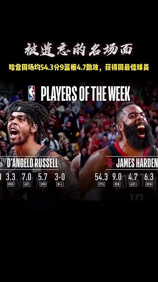 能有人超越吗！19年的哈登场均54.3分获得了周最佳