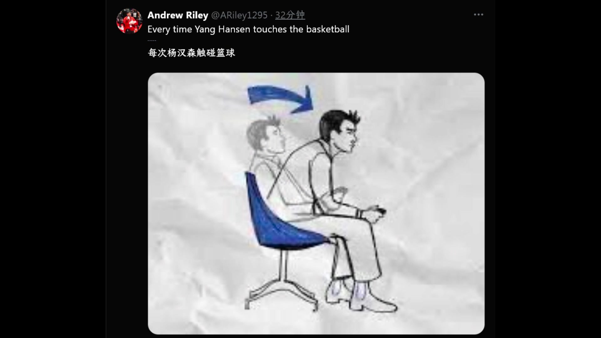 海外球迷用梗图打趣每一次杨瀚森触球时，我的样子：