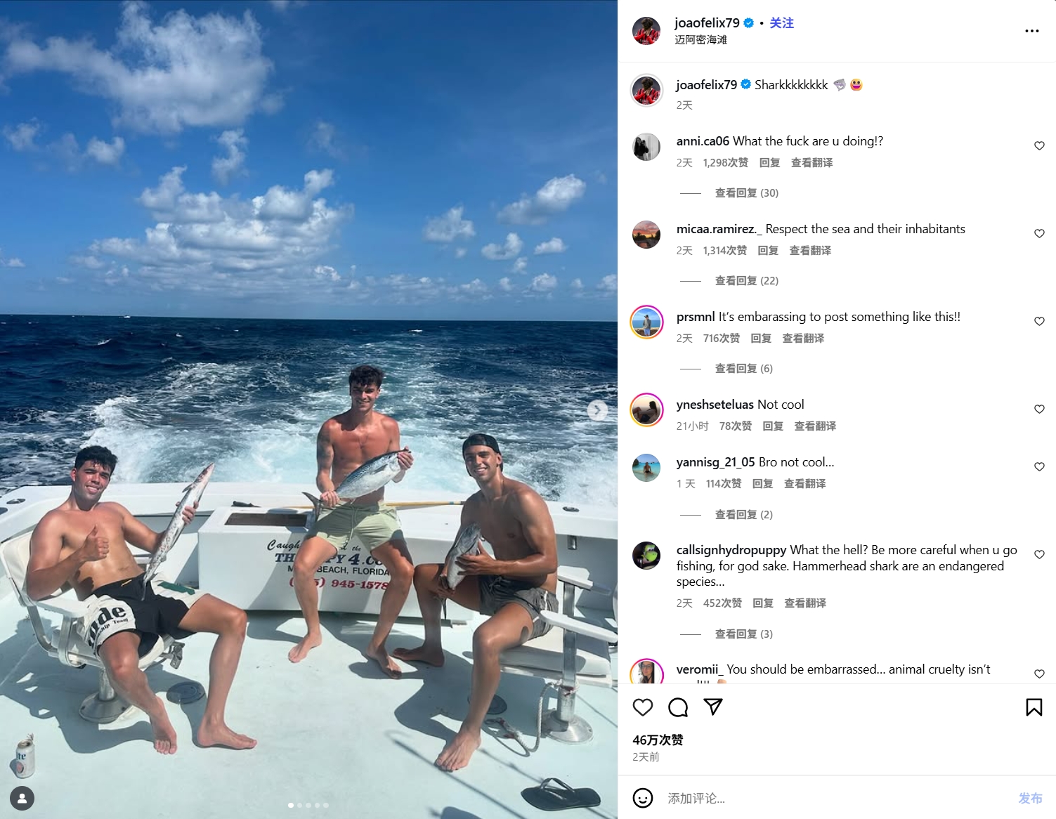 被批虐待动物菲利克斯晒海钓鲨鱼视频，网友：请尊重海洋！