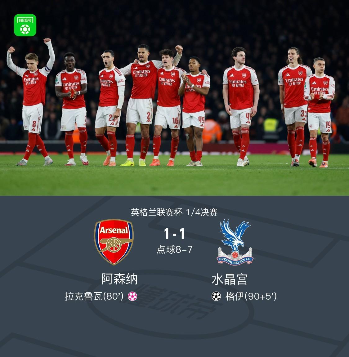 英联杯阿森纳98点杀水晶宫晋级四强，拉克鲁瓦乌龙+失点
